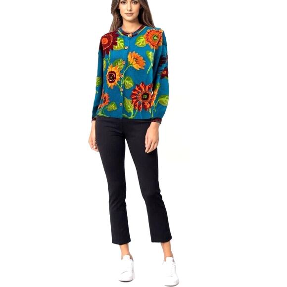 Design Options Philipe Jayne Bright Pattern Floral Blue  Cardigan Sweater Size L - Picture 2 of 8